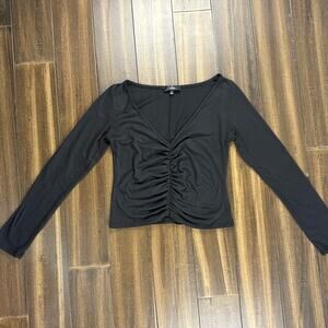 Lulu’s L Black Ruched Middle Long Sleeve Cropped Top V Neck, Soft